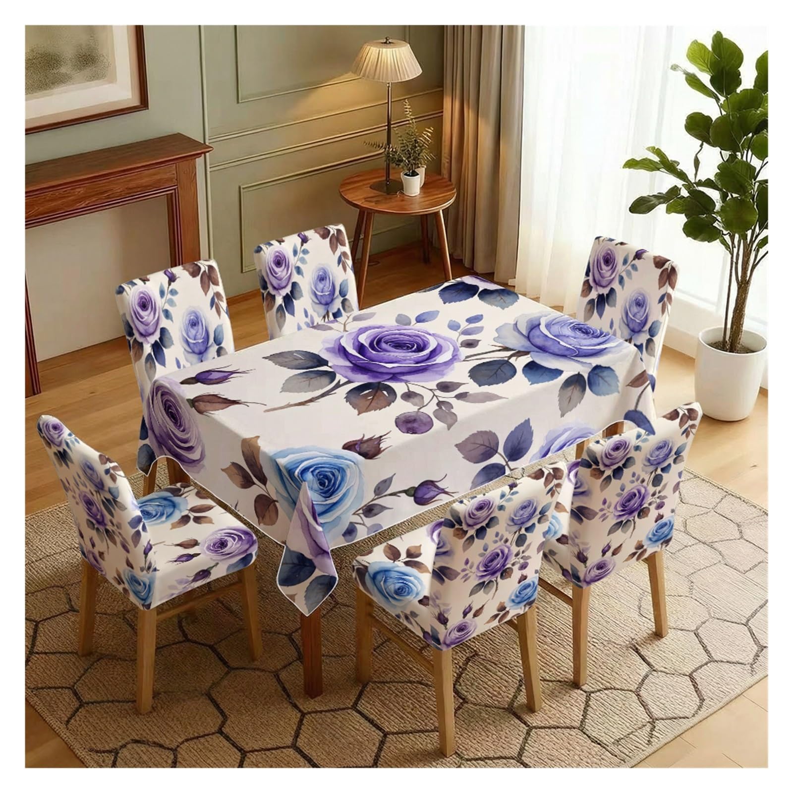 KXUAUV Purple & Blue Rose Print Tablecloth & Chair Covers Set, Slipcovers For Dining Room, Kitchen, Romantic & Elegant Decor, 5/7 Pack Party Decor(7pcs Set: Tablecloth+Chair Covers)