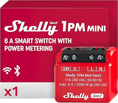 Shelly 1PM Mini Gen3 Smart WiFi Bluetooth Relay, 1 Channel, 8A, Power Measurement, Home Automation, Remote Control, Alexa and Google Home, iOS Android, No Hub Needed