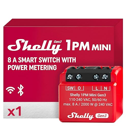 Shelly 1PM Mini Gen3 | WiFi Smart Switch Relay, 1 Channel 8A with Power Measurement | Home Automation | Bluetooth Gateway | Compatible with Alexa & Google Home | iOS Android App | No Hub Required