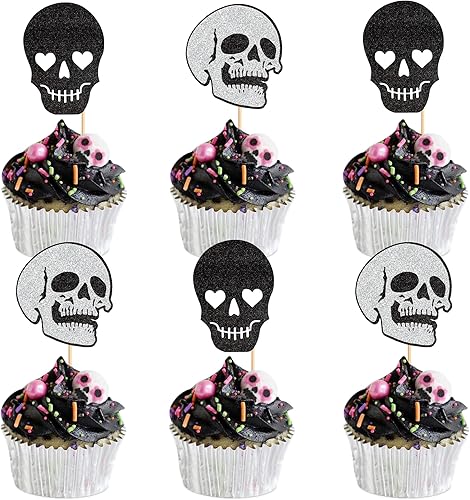 Ercadio Paquete de 24 adornos para cupcakes de calavera con purpurina para Halloween, decoración de cupcakes de calavera de terror para Halloween,
