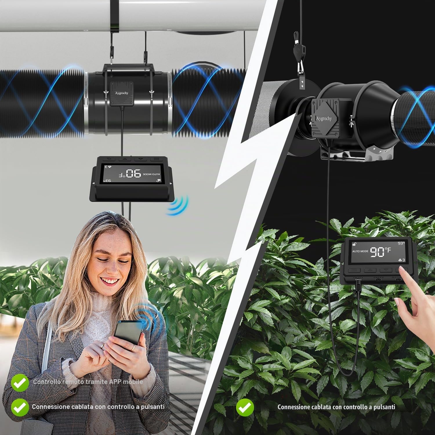 Aygrochy App Wifi Ventola di Aspirazione 100mm, estrattore d'aria con regolatore di temperatura e umidità, motore EC, 2800 giri/min, aspiratore aria e fumo per cucina, garage, bagno,tende di crescita.