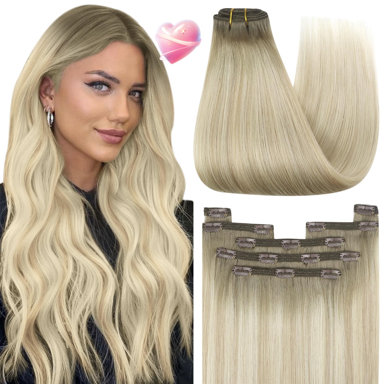 YoungSee Clip in Hair Extensions Real Human Hair Blonde 20 inch Real Hair Extensions Clip in Ash Blonde Ombre Sunkissed Blonde Clip in Extensions for Beginner 120g Long Straight 7pcs Smooth