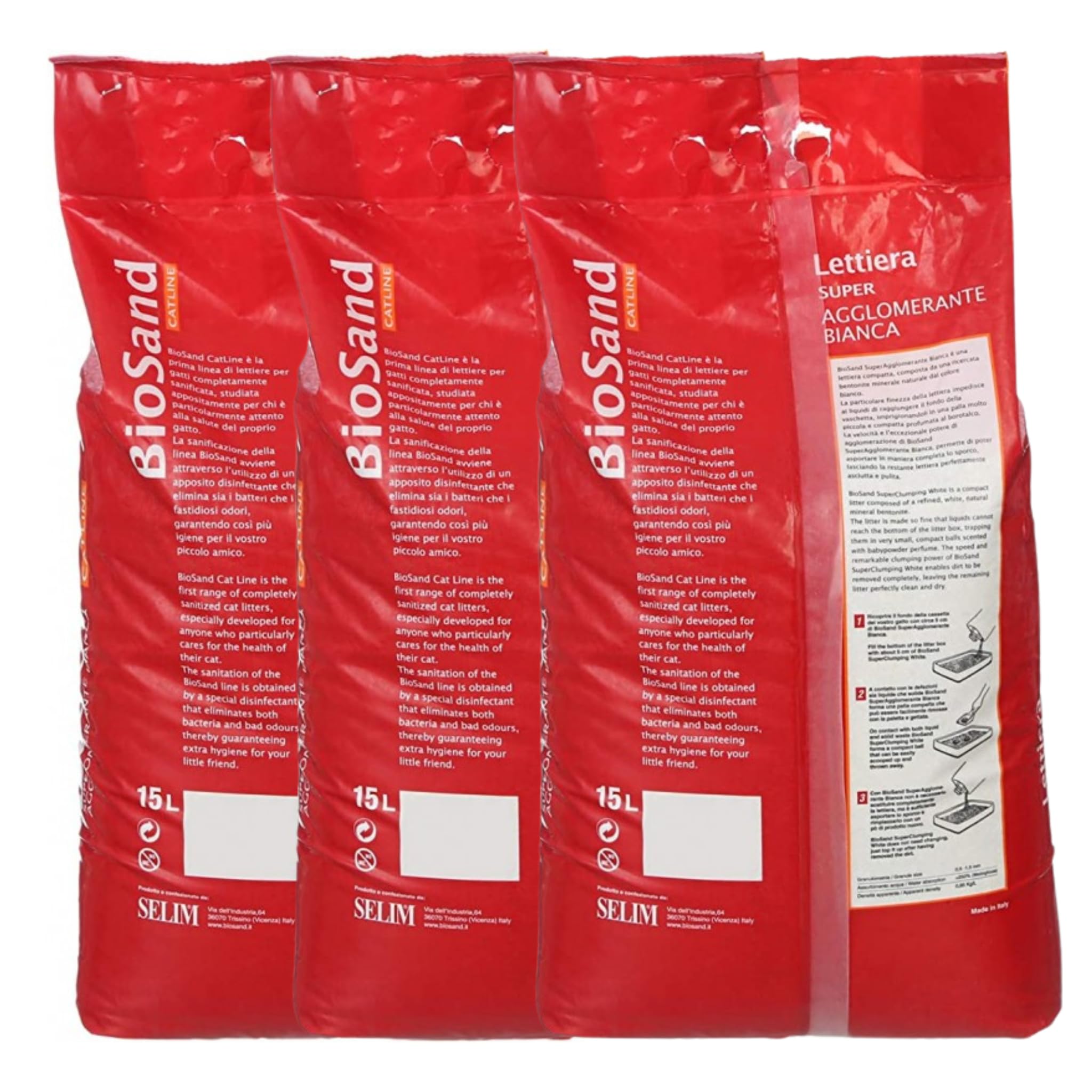OFFERTA 3 Confezioni BioSand Lettiera Gatto Super Agglomerante Bianca - 3 X 15 Litri - Sabbia Bentonite Naturale Sanificata e Profumata al Talco - Granulo Fine, Massima Igiene e Controllo Odori.