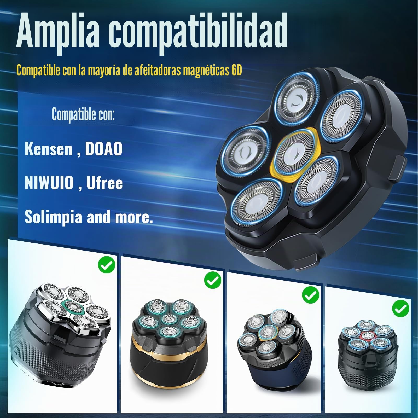 Cabezales de afeitar magnéticos de 6 cuchillas de repuesto para muchas máquinas de afeitar eléctricas magnéticas 6D, compatibles con DOAO, Kensen, JoyKoi y Kibiy. (3 piezas)