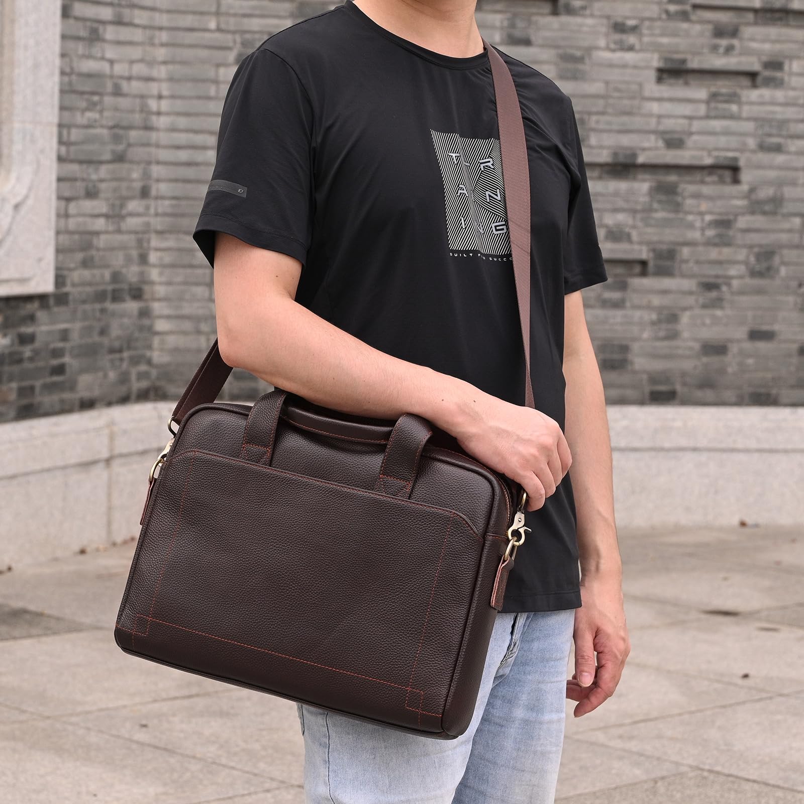 Sac Business Mallette homme Cartable Sacs Business en Cuir Véritable 14 Pouces Porte Document Sac à Bandoulière d'affaires, 3315 Marron