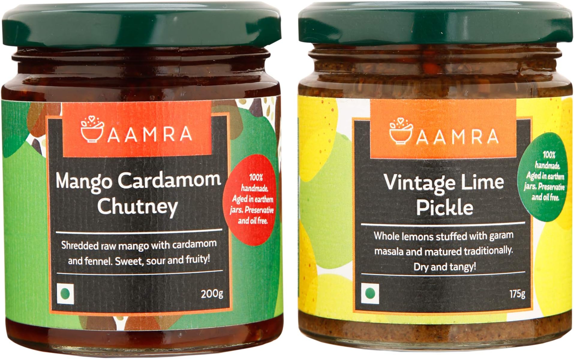 Aamra Homemade Traditional Mango & Cardamom Chutney (200gm) and Vintage Lime Pickle (175gm) - Combo of 2 Pickles
