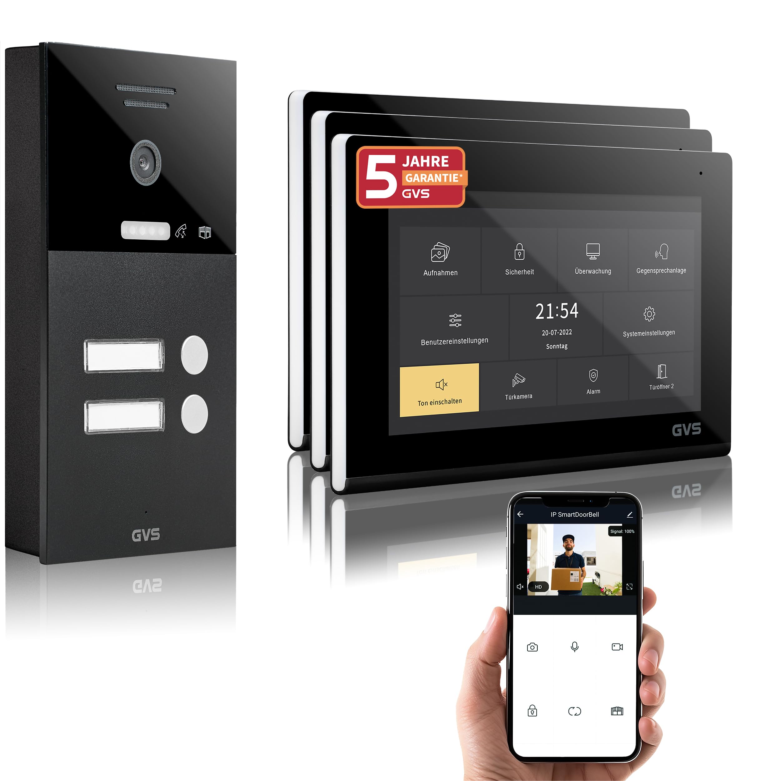 GVS Video Türsprechanlage 2-Familienhaus - 3X 7 Zoll Monitor | Smarte Video Türklingel mit Kamera und Monitor - Gegensprechanlage mit Türöffner (AVS1289A)