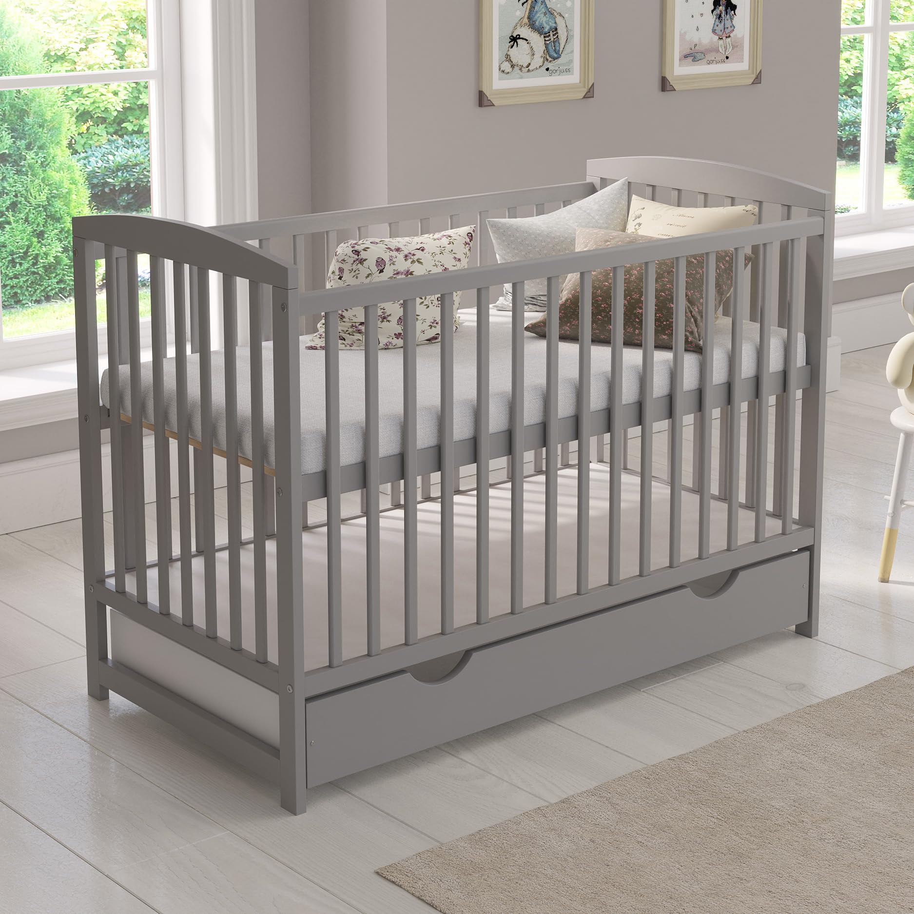 Love For Sleep Babybett Beistellbett 120x60cm mit Schaumstoffmatratze Grau Jacob Kinderbett Baby Bett Holz - Kinderbett Babybett, Mitwachsend Gitterbett Baby Bed