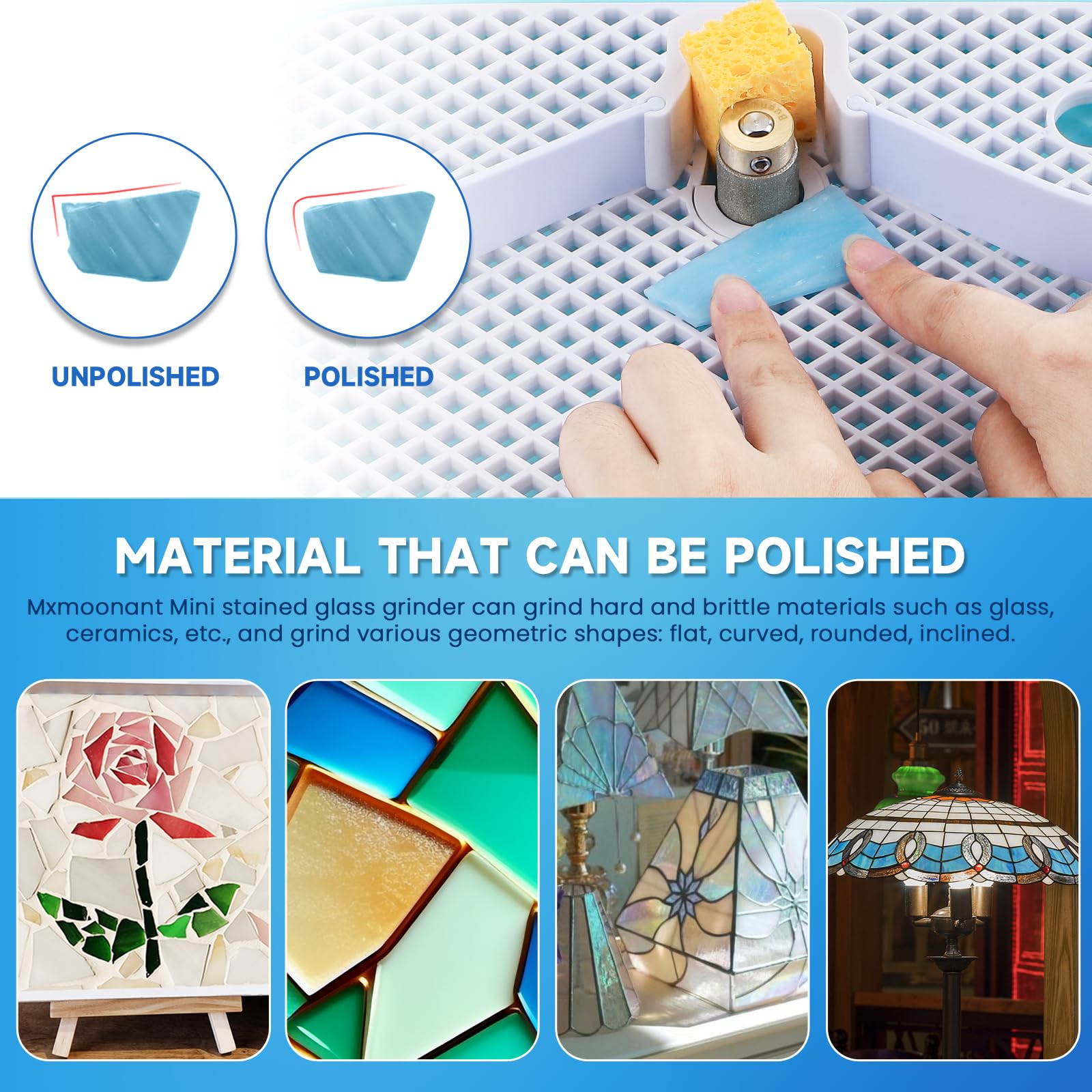 Mxmoonant Smerigliatrice di vetro, Adatto per vetro colorato, ceramica, mosaico, include un tappo e 2 teste di molatura diamantate (blu chiaro)