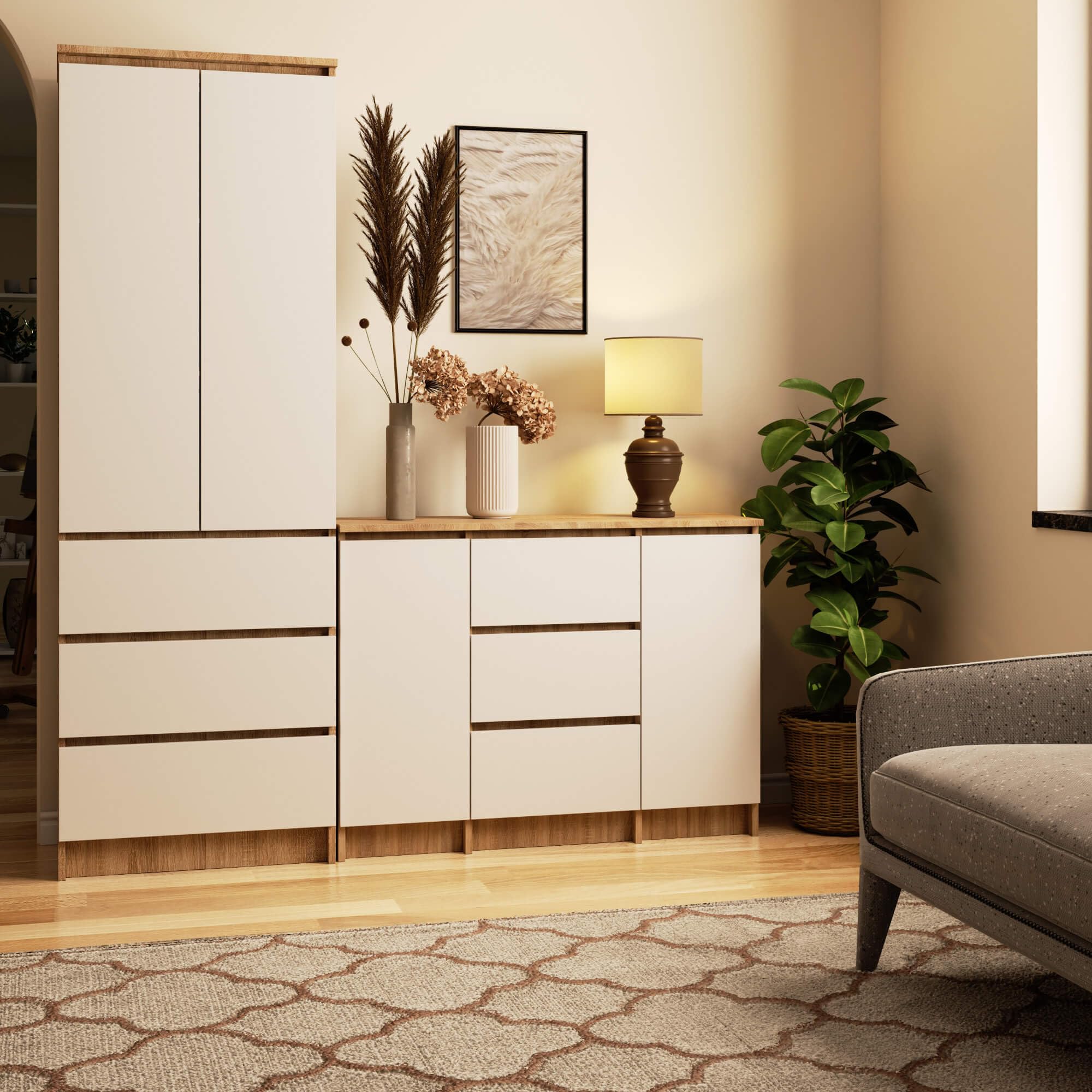 AKORD Kommode K100 mit 3 Schubladen, Schrank mit 2 Tür 4 Regalböden, Für das Wohnzimmer Schlafzimmer, Moderne, 16mm Laminierte Platte, B101xH76xT35 cm, Farbe Sonoma-Eiche & Weiß