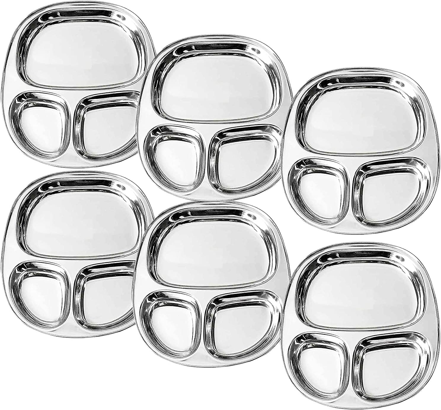 Dynore Stainless Steel 3 in 1 Three Compartment Rectangular Nasta/Snacks/Kids Nasta Plate/Partition Plate- Set of 6