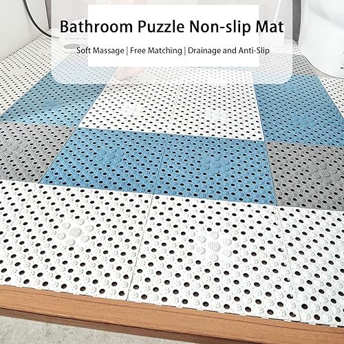 Miniatura 2 de Paquete de 6 azulejos entrelazados, tapete de ducha antideslizante de 12 x 12 pulgadas con agujeros de drenaje, columna de drenaje para baño,