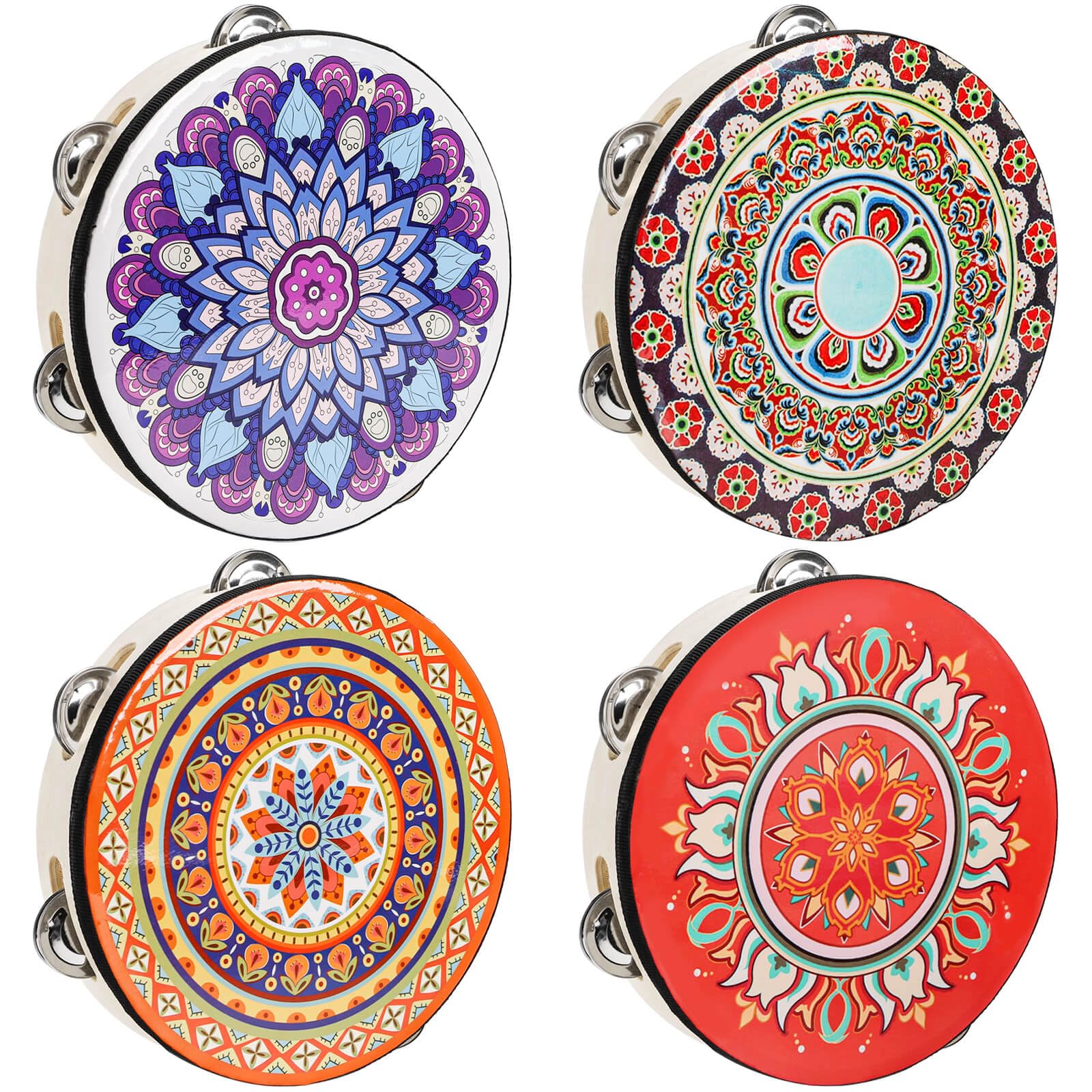 YOUEON 4 Pcs 8 Inch Colorful Tambourine with Single Row Jingles and Ribbons, ...
