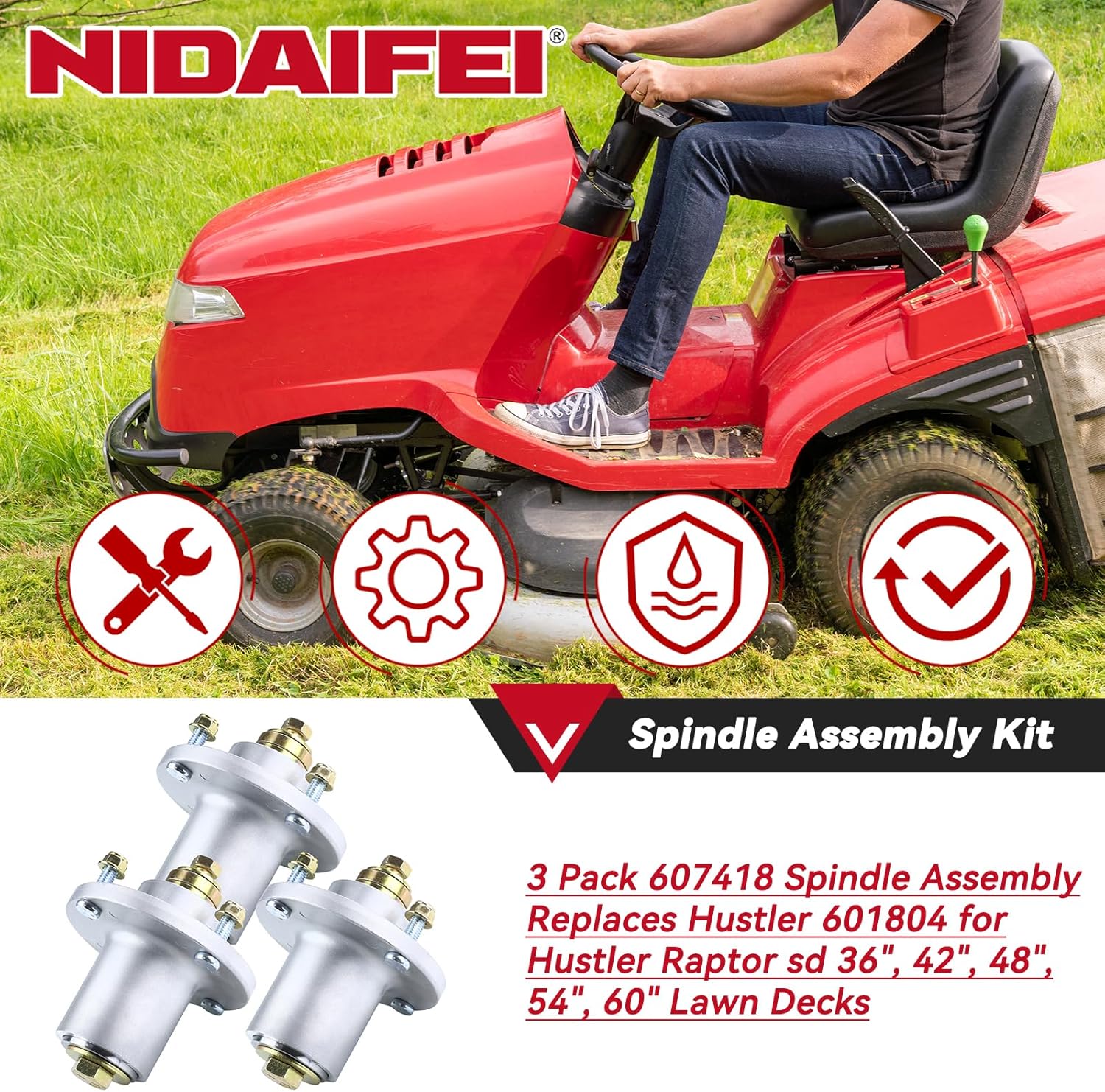 3 Pack 607418 Spindle Assembly Replaces 601804 Spindle for Hustler Raptor SD 60 Deck Spindles, Hustler Raptor SD 54 Spindle, Hustler 60 inch Mower Deck Spindles, Hustler Fastrak 54 Spindle