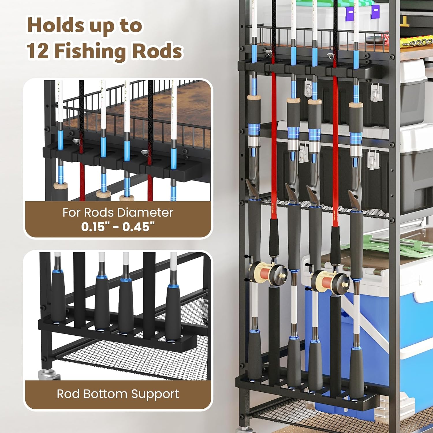 4-Tier Heavy Duty Fishing Rod Holders for Garage with Pegboard and Hooks, 65.7" Lockable Wheels Fishing Rod Rack Storage Up to 12 Rods, Fishing Pole Stand for Fishing Gear & Equipment
