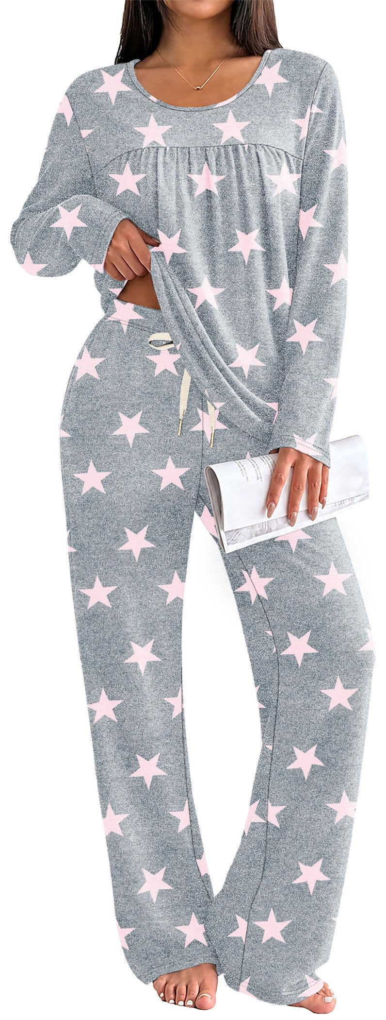 OFEEFAN Pajamas Sets for Women Two Piece Lounge Outfits with Pockets S-2XL | Fall Outfits for Women,Curved Hem Tops and Long Pants with Pockets Drawstring,Casual Lightweight,Cozy,Fashion Clothing