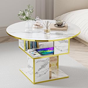 Elephance Round Coffee Table with Storage 3-Tier Coffee Table for Living Room Wooden Tabletop-Marble White with Gold Frame