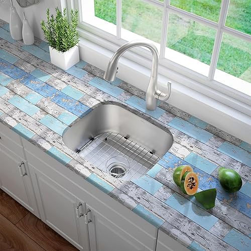 Miniatura 6 de Caltero Papel tapiz de tablones de madera de 17.71 pulgadas × 98.4 pies, papel tapiz de madera envejecida azul para despegar y pegar, papel tapiz de