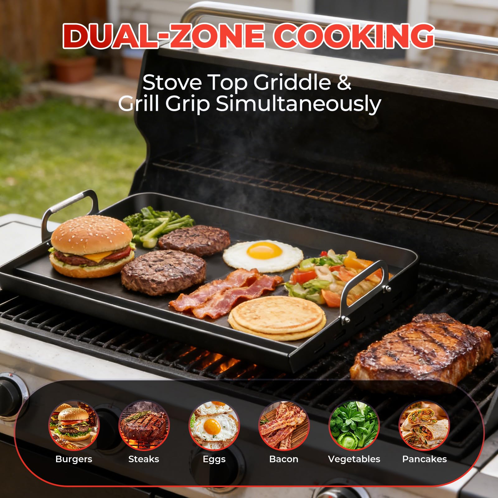 Plancha superior de estufa de 17 x 13 pulgadas para parrilla de gas, cocina en la parrilla superior plana y parrilla simultáneamente, plancha de hierro fundido antiadherente de ajuste universal para