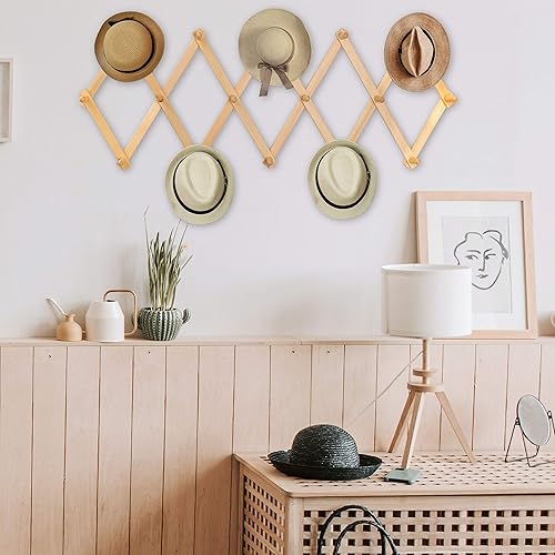 Miniatura 3 de WEBI Perchero de pared de acordeón, ampliable, de madera, montado en la pared, perchero de acordeón para sombreros, gorras, 16 ganchos de clavija,