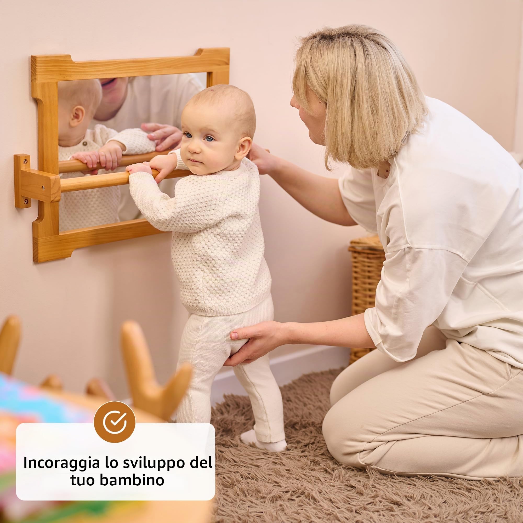 ODOXIA Specchio con Barra per Bambini | Montessori Neonati | Per il Pull Up | Ideale Casa e Scuola