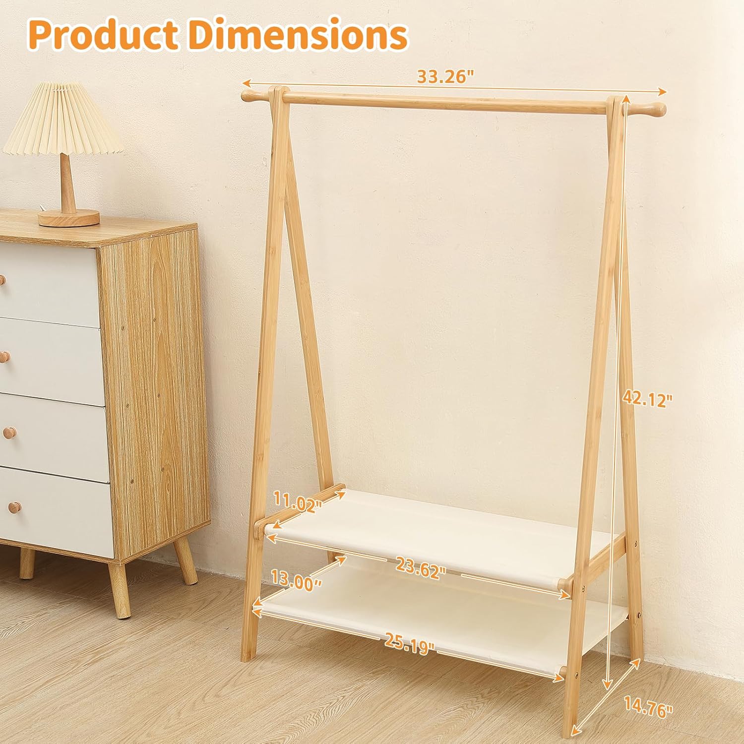 Foldable Kids Clothing Rack, Bamboo Triangle Dress Up Storage with 2 Fabric Shelves, Baby Clothes Rack for Nursery & Playroom, Kids Dress Up Rack, Baby Closet Organizer