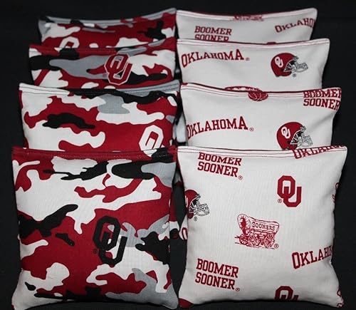Juego de 8 pufs de Cornhole hechos con Oklahoma Sooners OU de tela, juego de 8 bolsas para lanzar juegos de reglamentación ACA