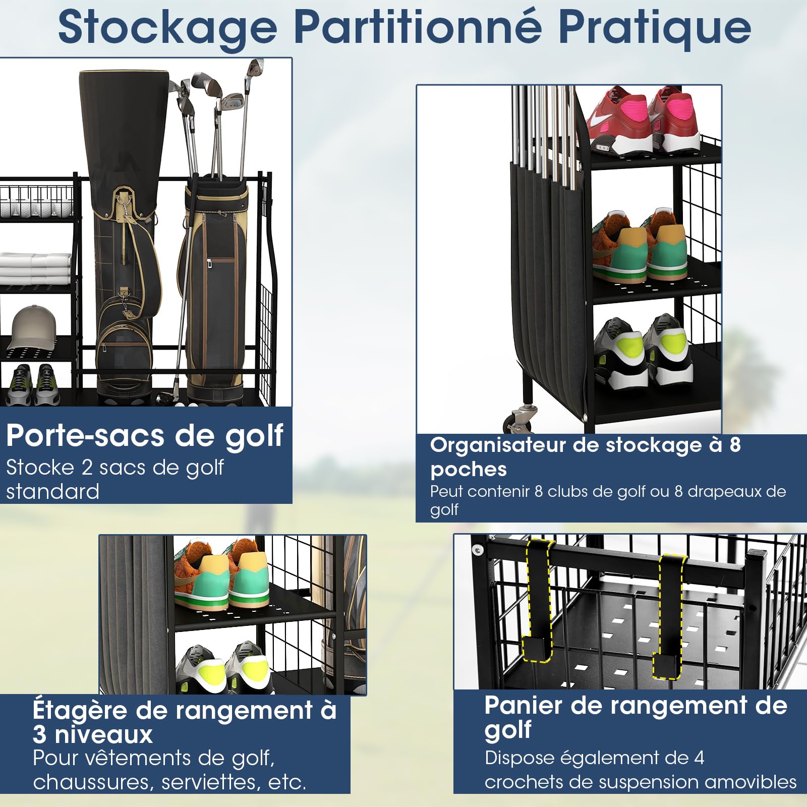 GOPLUS Organisateur de Rangement pour Club de Golf, Étagère de Rangement avec Roues Verrouillables pour 2 Sacs de Golf et 8 Clubs de Golf, 1 Panier, 3 Étagères et 4 Crochets