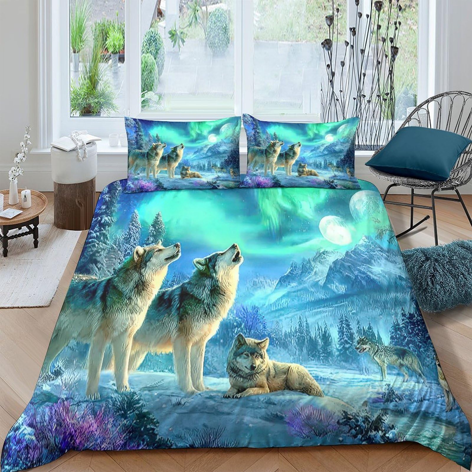 Ctjqhvkz Style-4 3D Printed Aurora Borealis Wolf Fitted Sheet Microfiber Soft Anti-Slip Forest Bed Cover For Bedroom Dorm Mattress Decor Single（135X200cm）