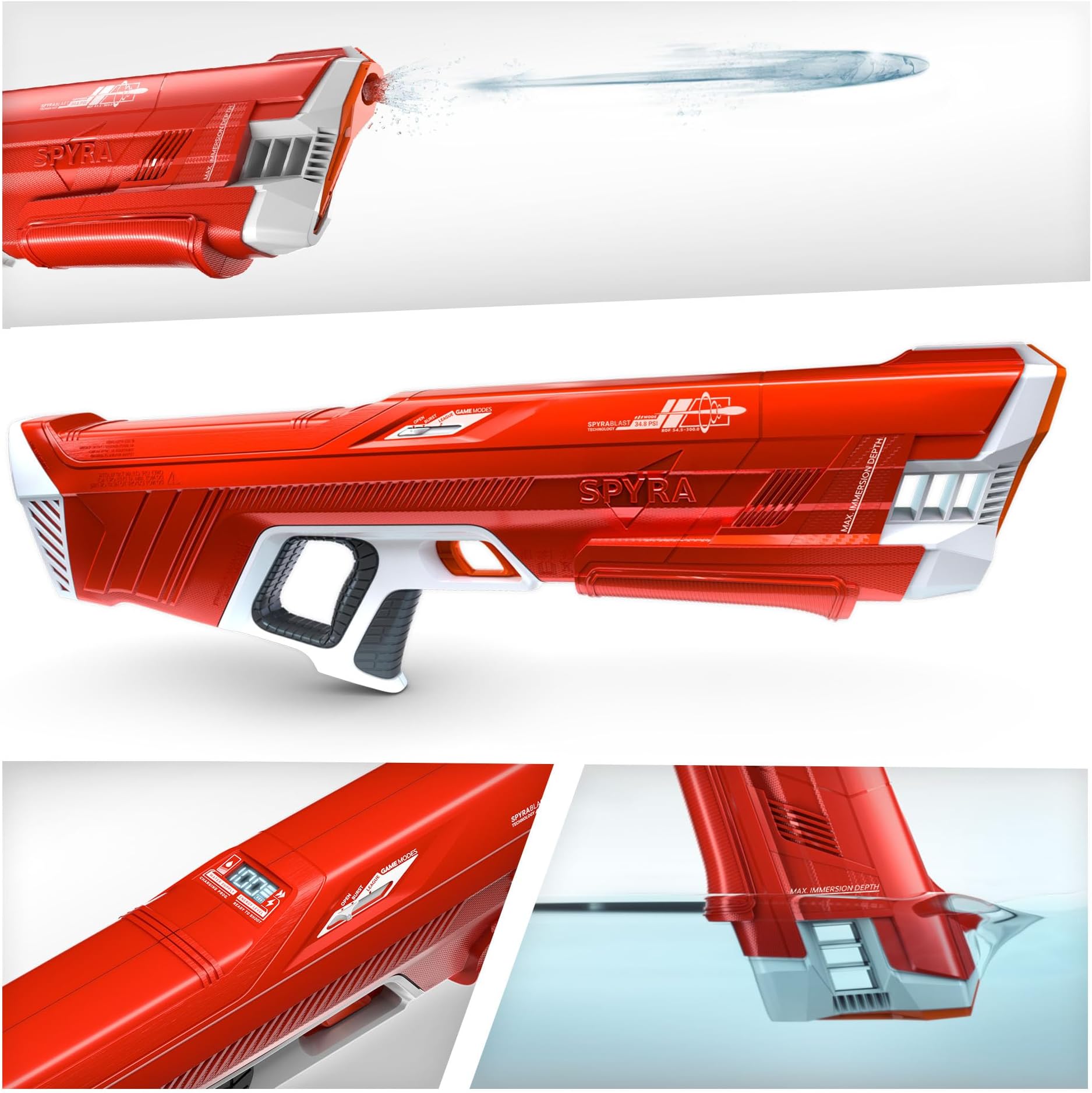 SpyraThree™ Powerful Electric Water Squirt Gun, Auto Reload, 3 Game Modes, LED Shot & Battery Display, 50FT Range Premium Summer Beach Pool Toy (Red)