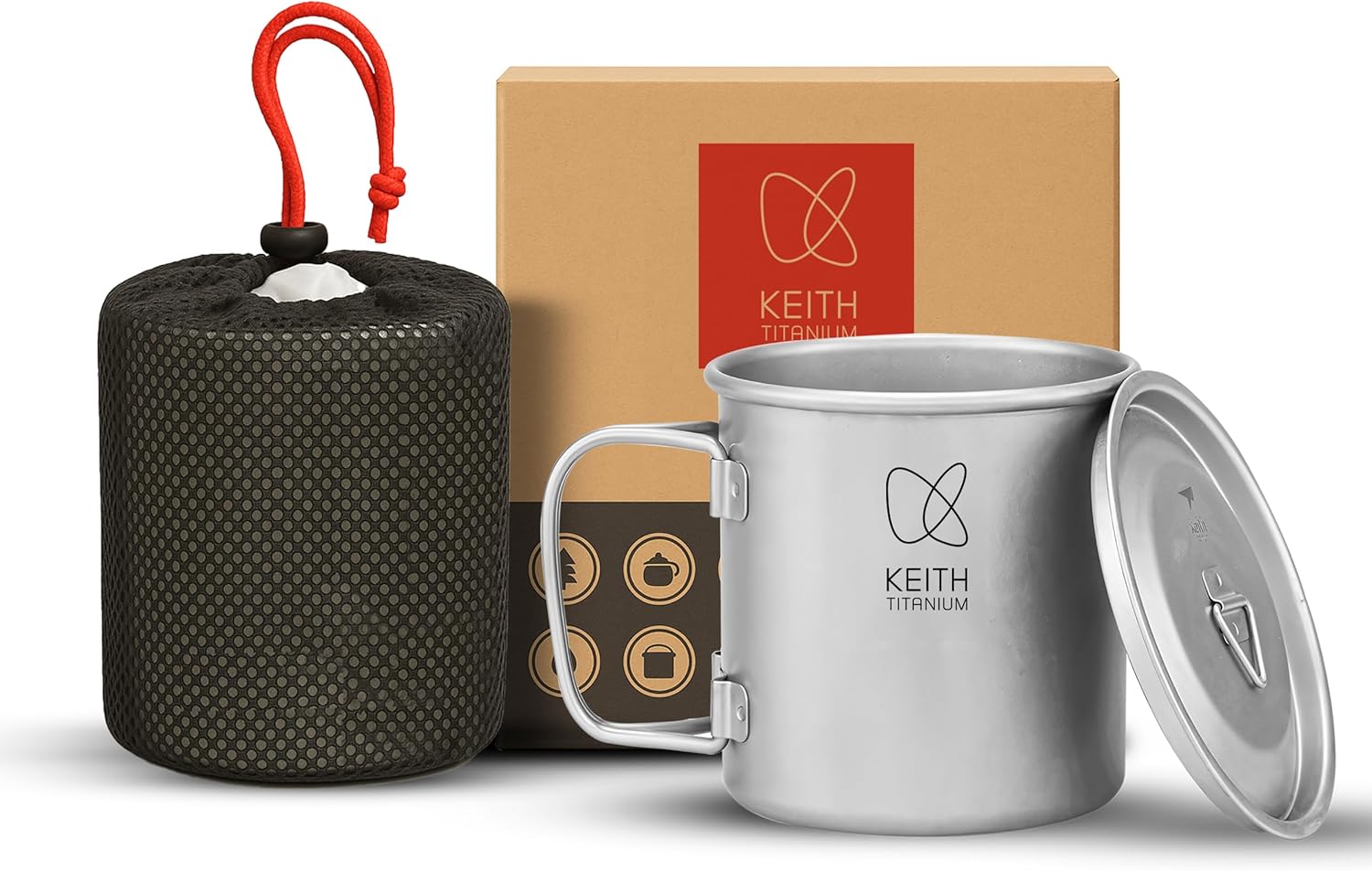 Keith Ti3204 Tazza in titanio da 450 ml con coperchio e manico pieghevole, leggera e resistente, ideale per tè e caffè in campeggio, escursionismo, picnic, scout e viaggi all’aperto
