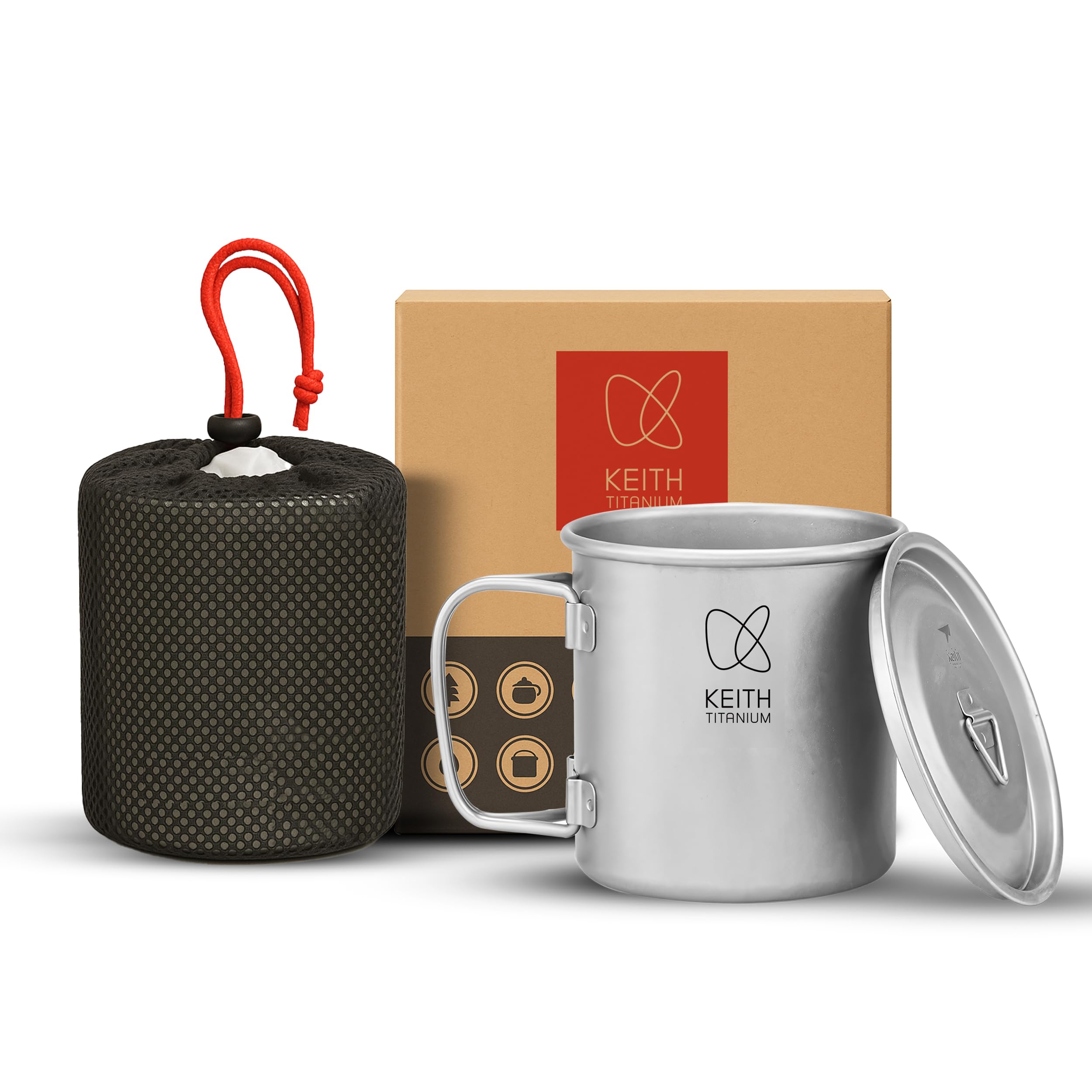 Keith Tazza in Titanio 450 ml Ti3204 con Coperchio e Manico Pieghevole, Leggera e Resistente, Ideale per Tè e Caffè in Campeggio, Trekking, Picnic, Gavetta Scout e Viaggi Outdoor