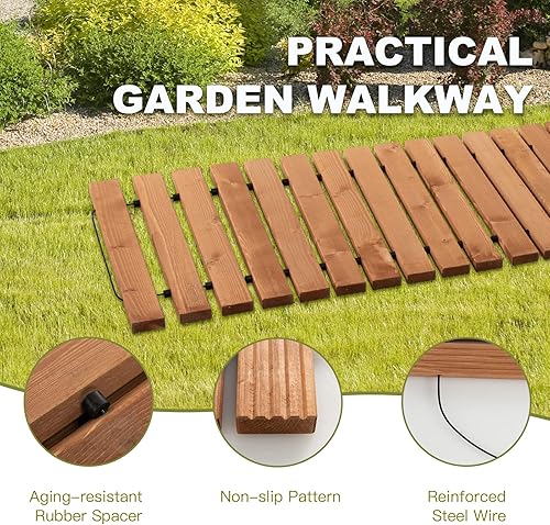 Miniatura 6 de Tangkula Camino de jardín enrollable de 8 pies, pasarela recta para exteriores con alambre de acero y textura antideslizante, paseo marítimo de