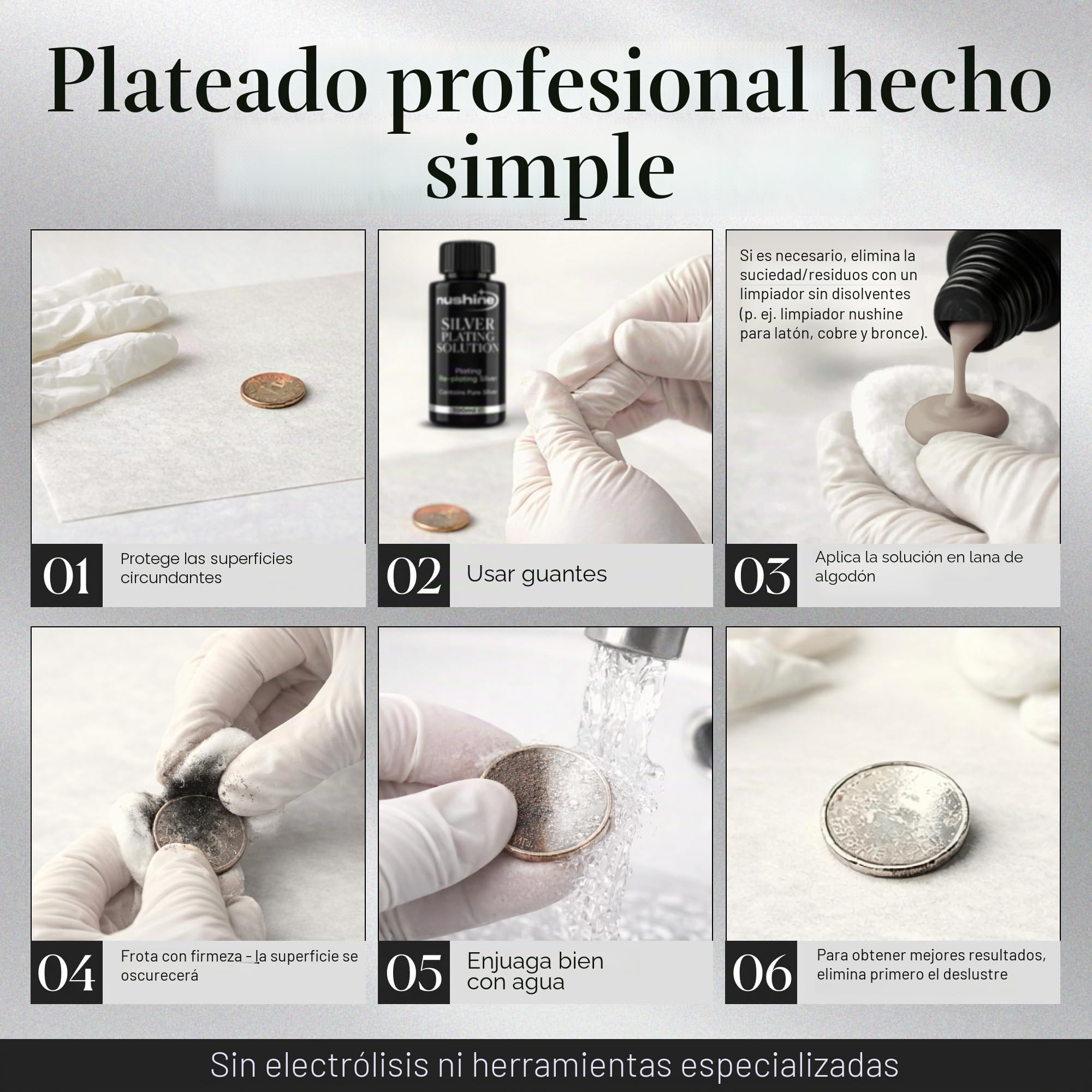 Nushine Solución para Chapado en Plata, latón, Cobre y Bronce (fórmula ecológica), 50 ml
