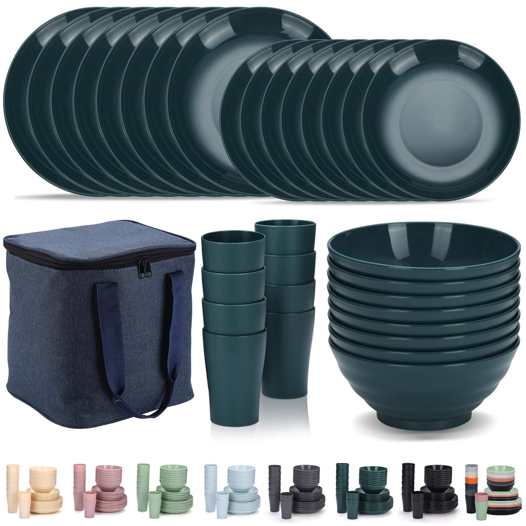 Evanda Plastic Dinnerware Sets 32 Piece Service for 8 with a Portable Oragnizer, Reusable Plates and Bowls Sets Include Cups, Bowls, Dishes for Home, Camping, Picnic, Outdoor (Dark Green)