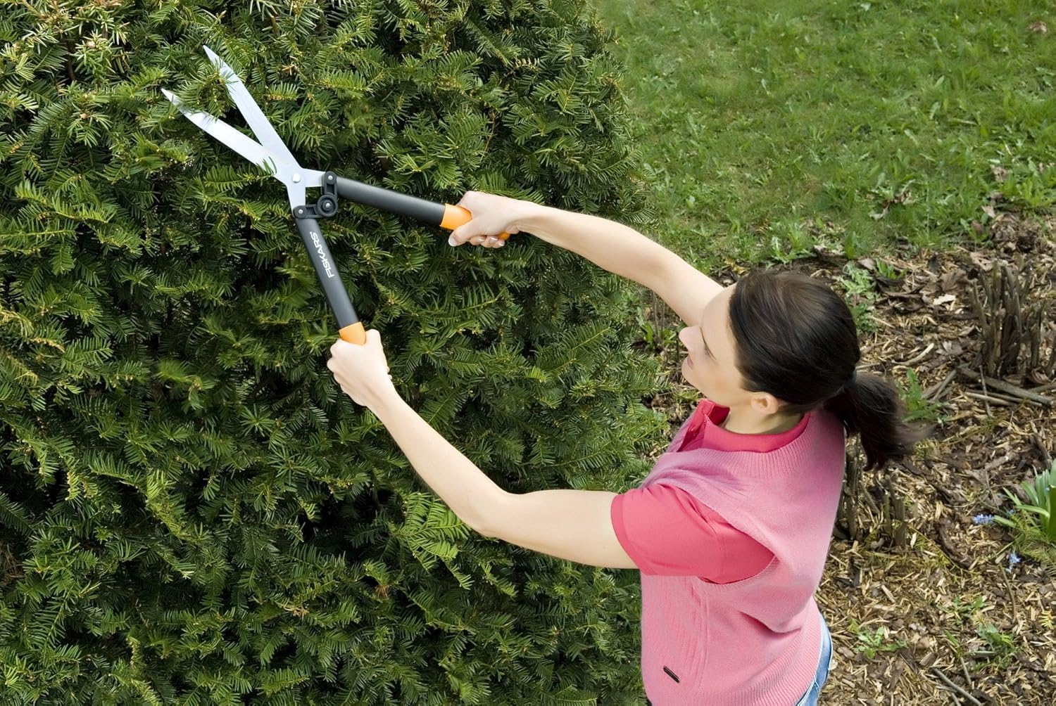 Fiskars Nożyce do żywopłotu HS52, nieprzywierająca powłoka, Wysokiej jakości stalowe ostrza/ tworzywo sztuczne wzmocnione włóknem szklanym, Długość: 58,5 cm, Czarno-pomarańczowy, Powerlever, 1001564