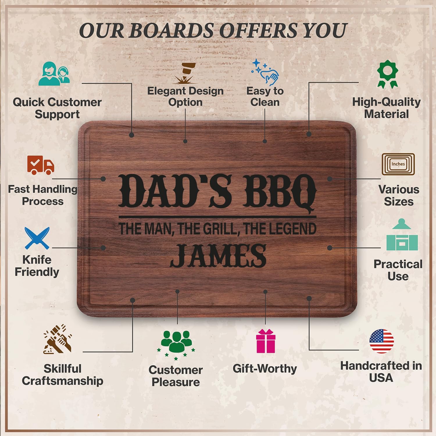 Personazaized Cutting Board, Custom Dad Gift, Best Grilling Gifts For Men, Cool Grandpa Gift, BBQ Master Gifts, Custom Wood Engraved Grill Cutting Board, Fathers Day or Birthday Gift For Dad image 5