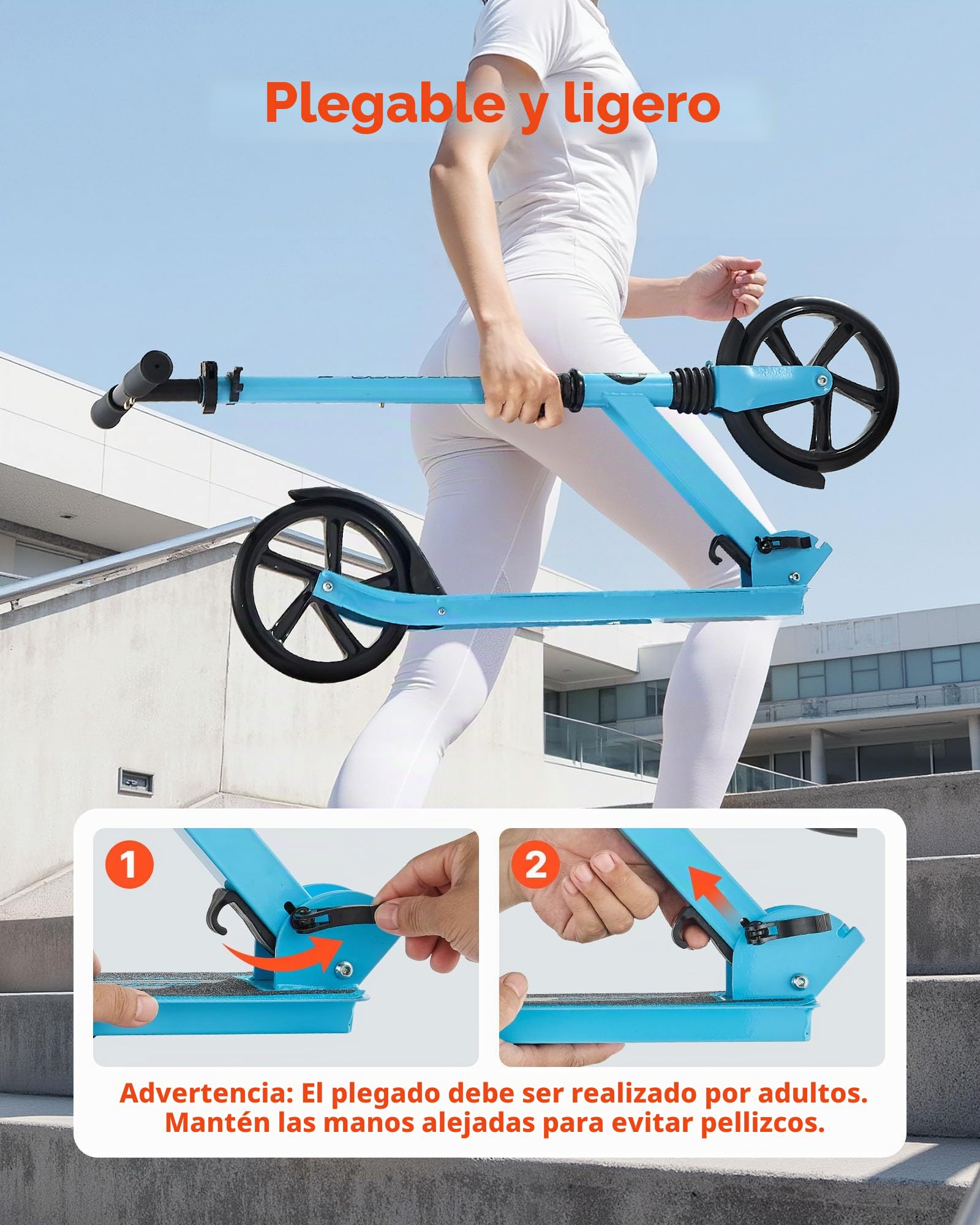 VEVOR Patinete 2 Ruedas, para Niños a Partir de 8 Años, con Manillar Regulable en Altura y Base Antideslizante, Patinete Plegable hasta 100 kg, Negro y Azul, Armazón de Acero, 900 x 380 x 1000 mm