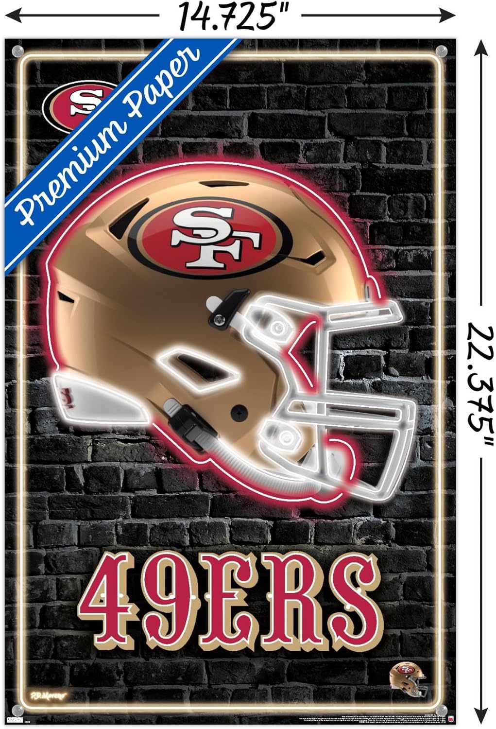 Trends International NFL San Francisco 49ers - Neon Helmet 23 Wall Poster, 14.72" x 22.37", Premium Poster & Push Pin Bundle