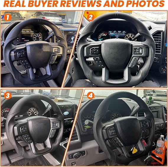 Full Leather Steering Wheel, Perforated Leather Grip D-shaped Steering Wheel Fit For Ford F150 2015-2020 (No Paddle Version)