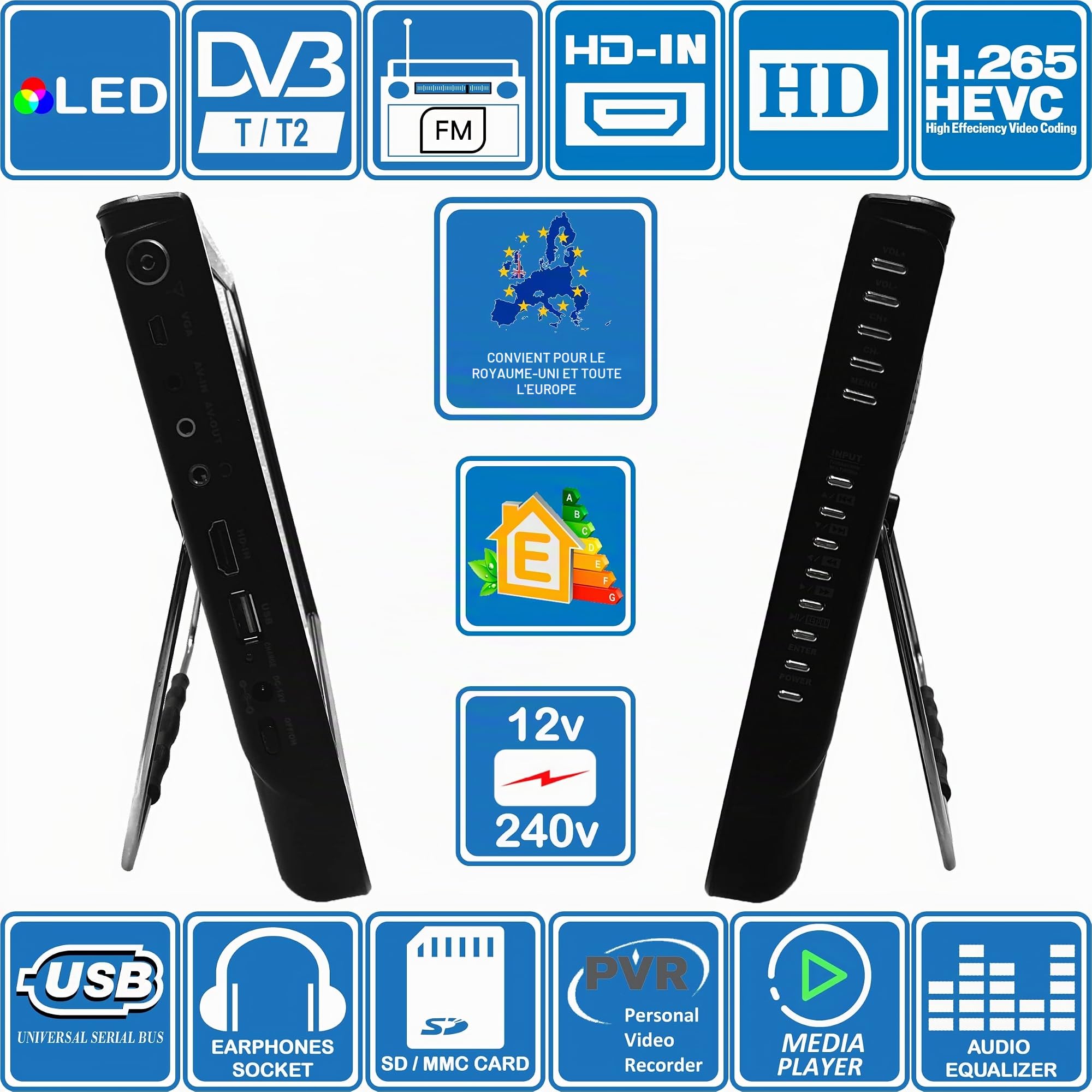 Unispectra® 12 Pouces TV 12V / 230V HD LED Numérique TV DVB-T/T2 (TNT) USB PVR & Lecteur multimédia, Tuner FM, HDMI, AV in/Out. Idéal pour : Maison, Camping-Car, Bateau, Caravane, et Camion