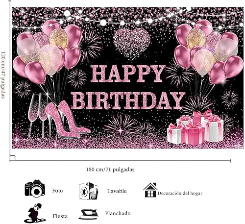 Miniatura 4 de YinQin Telón de fondo de feliz cumpleaños de 70.9 x 47.2 in, color oro rosa, 71 x 47 pulgadas, fondos de fotografía de cumpleaños, pancartas de