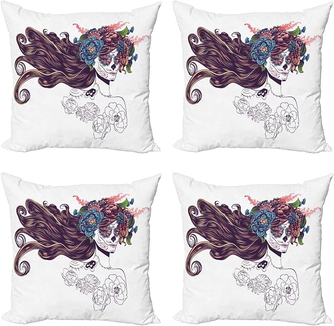Lunarable Ethnic Throw Pillow Cushion Case Pack of 4, Traditional Sugar Skull Girl with Flower Wreath Mourning Festival Day, Modern Accent Double-Sided Digital Printing, 16