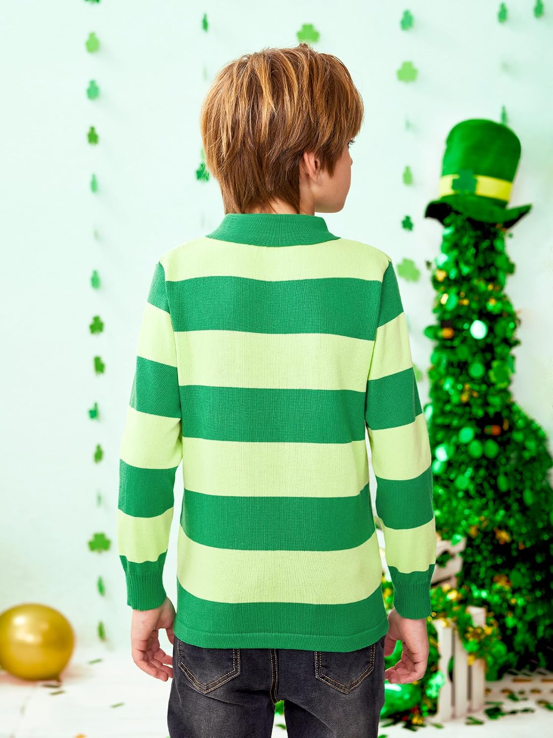 Unisex Kid's Mardi Gras Knit Polo Shirt Carnival Striped Fat Tuesday Long Sleeve Golf Sweater 4-12 Years