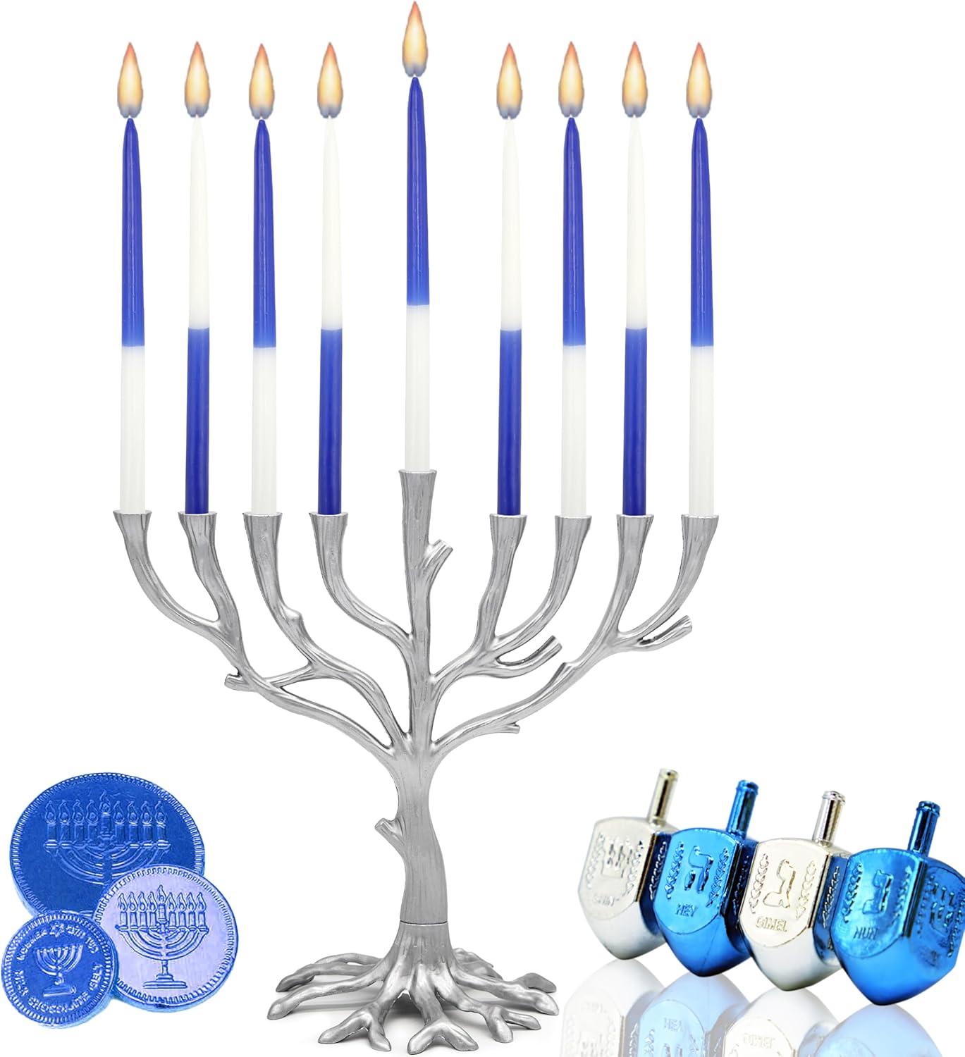 The Dreidel Company 5-Pack Deluxe Tapered Hanukkah Menorah Half and Half Navy Blue and White, Candles for All 8 Nights of Chanukah