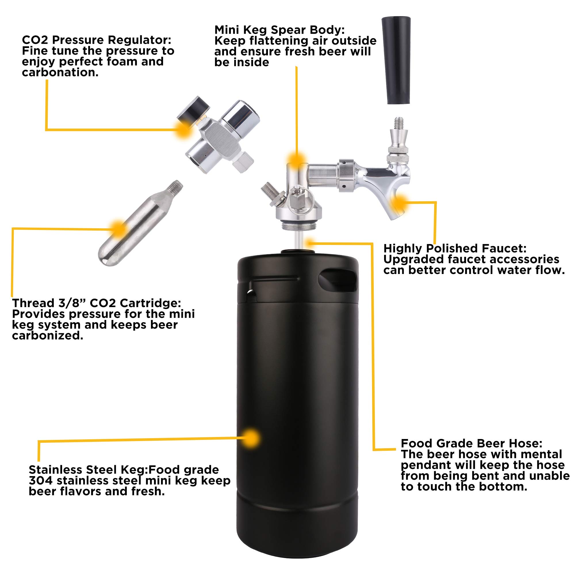 TMCRAFT - Mini Keg Growler da 4 litri - Sistema di kit di fusti per uso domestico pressurizzato in acciaio inossidabile per mantenere la freschezza e la carbonatazione della birra (nero opaco)