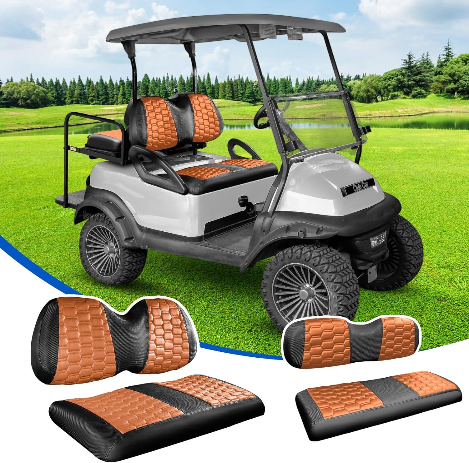 NOKINS Golf Cart Seat Covers Kit, 4PCS Front&Rear Seat Covers Fits for Club Car Precedent Standard Seat Cushion, No Stapler, Golf Cart Accessories (Hexagon Carbon Fiber-Dark Brown&Black)