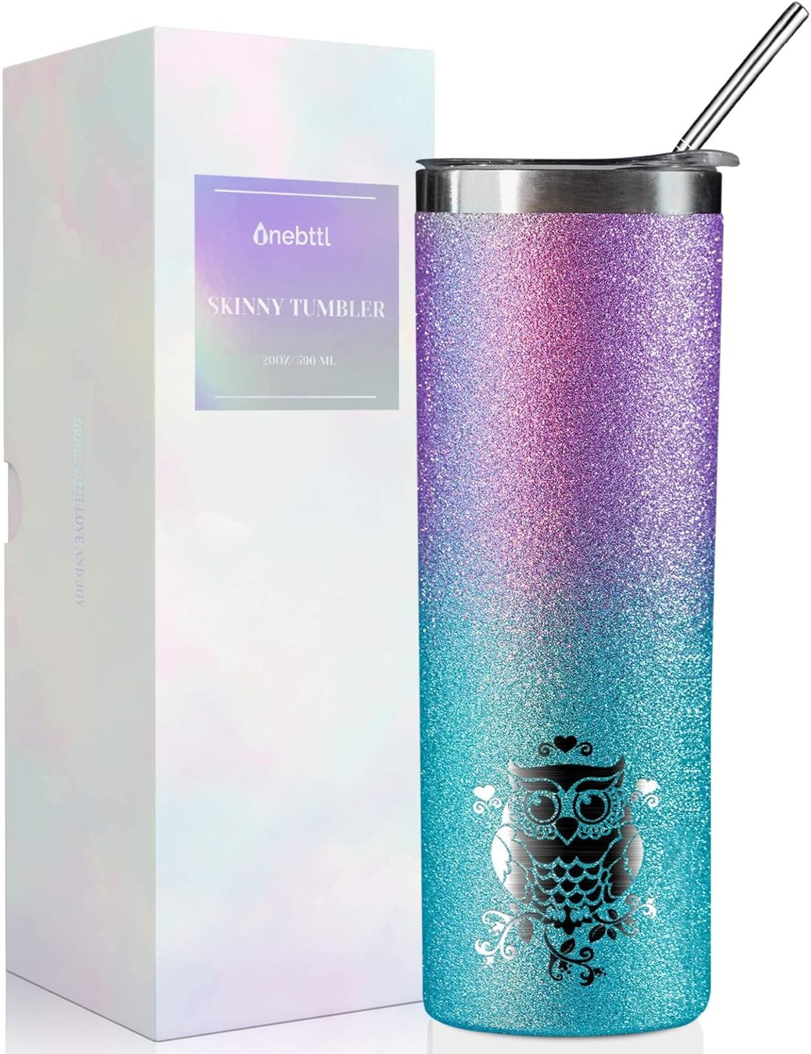 Onebttl Owl Gifts for Women - 20oz/590ml Stainless Steel Insulated Glitter Tumbler with Straw - Skinny Tumbler for Owl Lovers on Birthday, Xmas - (Purple-Blue Gradient)