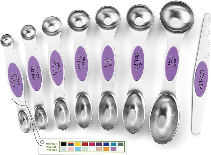 Spring Chef Stainless Steel Magnetic Measuring Spoons Set of 8 with Leveler, Nesting Metal Teaspoon & Tablespoon Measuring Spoons for Food, Heavy Duty Kitchen Gadgets for Baking & Cooking - Orchid