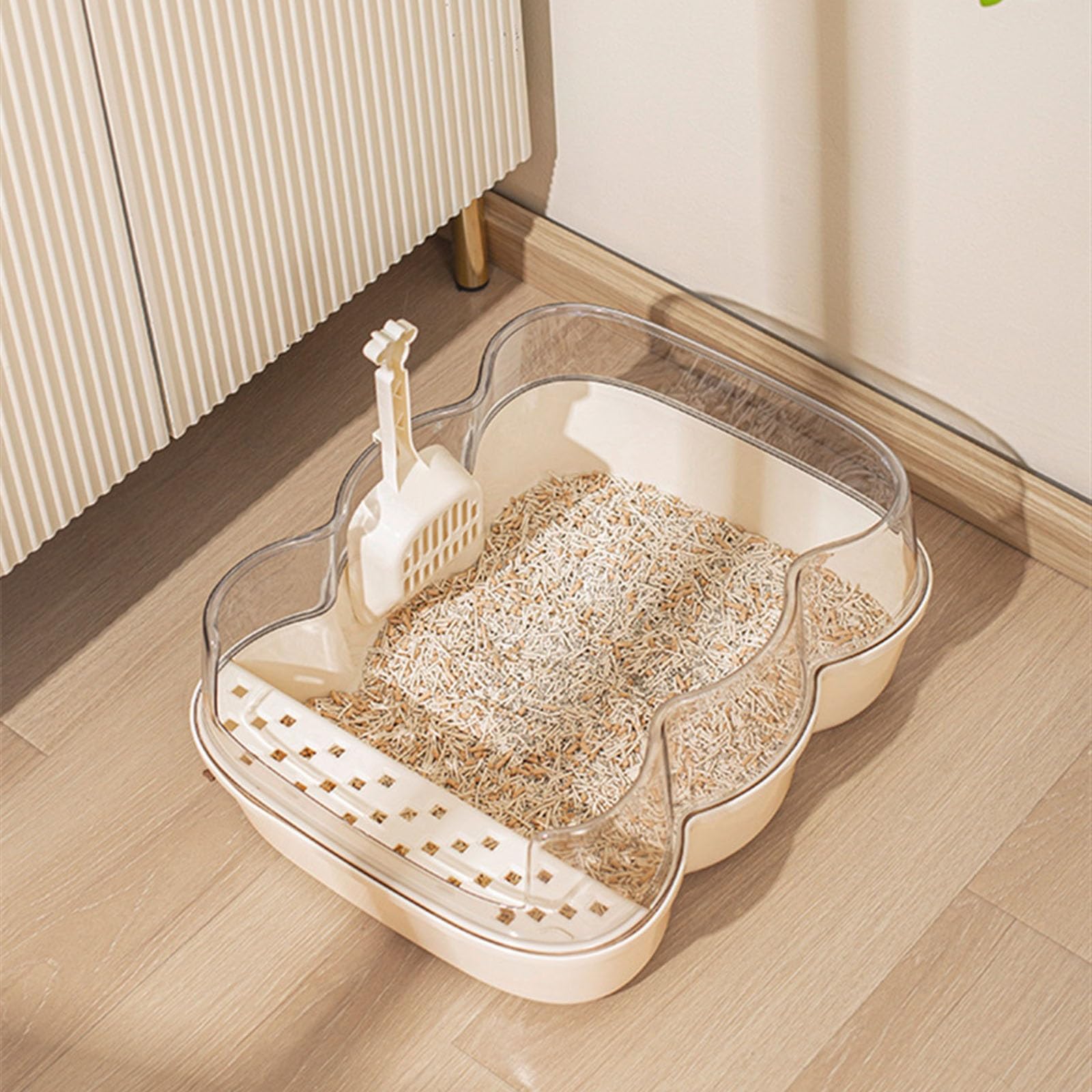 Lettiera per Gatti Lettiera semi-chiusa, lettiera aperta for gatti, lettiera extra large anti-schizzi con sportello trasparente e paletta for setacciare la lettiera Toilette per Gatti(Beige,Piccolo)